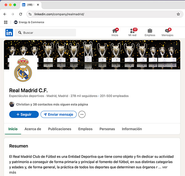 Club de Fútbol Real Madrid cuenta de Linkedin
